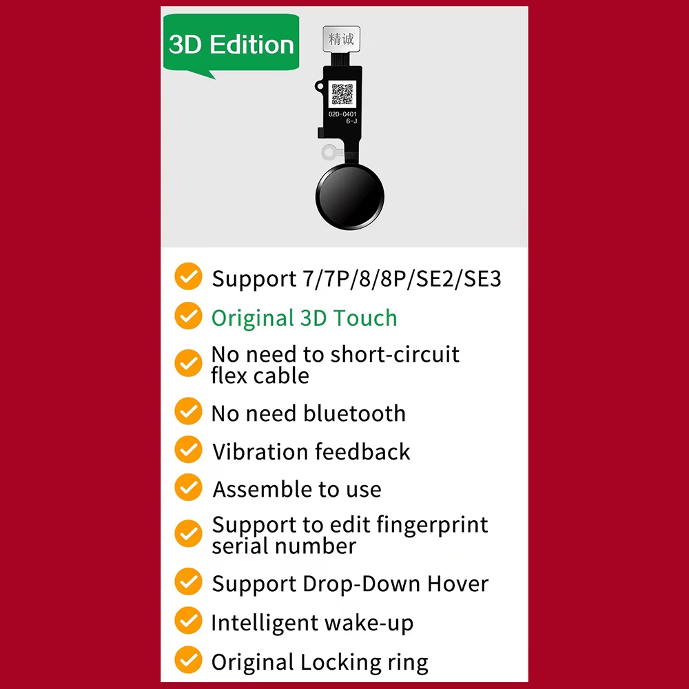 JC 6 Gen iPhone 7 / 7 Plus / 8 / 8 Plus / SE (2020) / SE (2022) Home Button (3D Edition)-Black